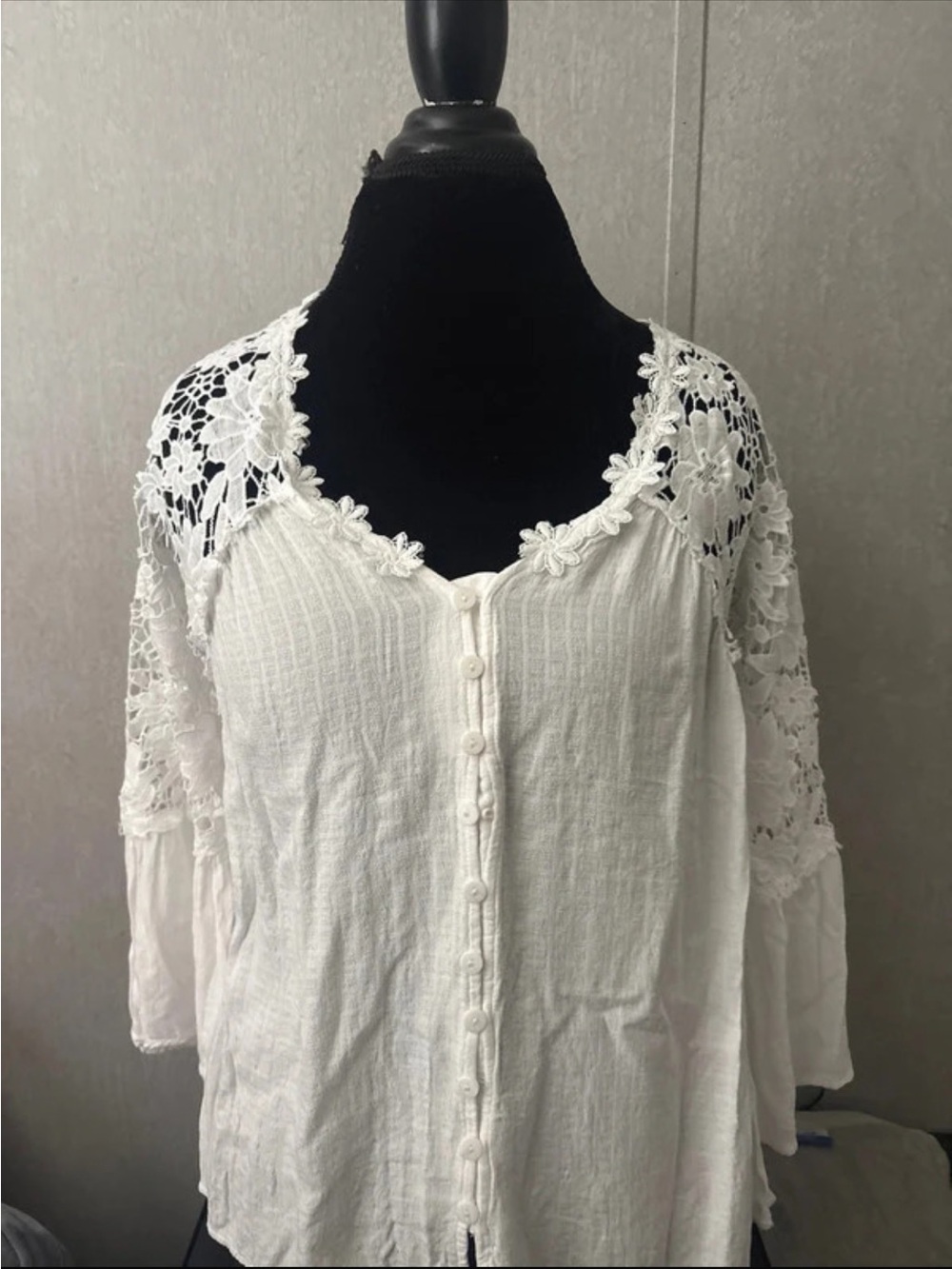 Lace-Yoke White Button-Front Women's Top